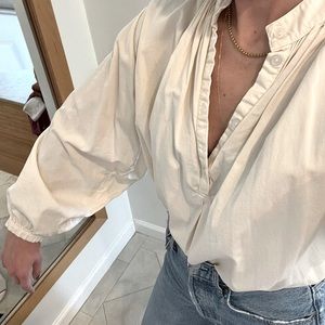 Black crane half button peasant style blouse, cream